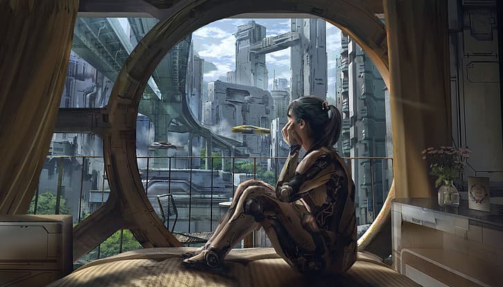 Eddie Mendoza, kobiety science fiction, kobiety, science fiction, sztuka cyfrowa, futurystyczne miasto, cyborg, ciemne włosy, przy oknie, pejzaż miejski, patrząc przez okno, Tapety HD