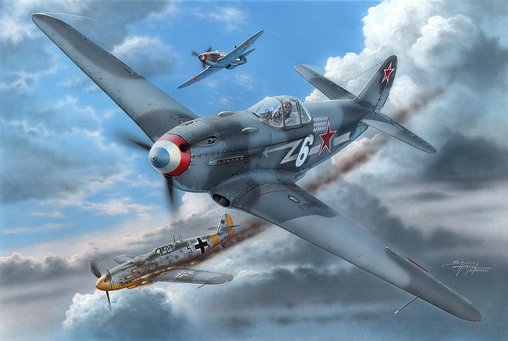 art, The great Patriotic war, fighter-monoplane, The second World war, The Yak-3, Normandie-Niemen, piston fighter, Bf.109G-6, HD wallpaper