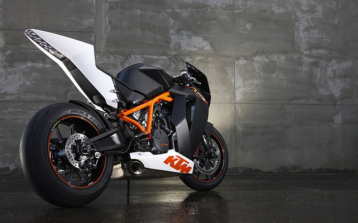 черно-белый спортивный мотоцикл KTM, асфальт, стена, спорт, руль, мотоцикл, мотоцикл, байк, KTM, 1190 RC8-x, HD обои