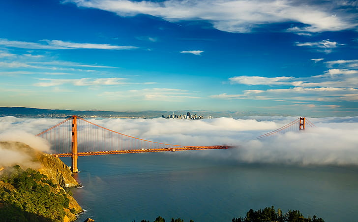 Мост Сан-Франциско в тумане, Мост Сан-Франциско, Золотые ворота, небо, залив, облака, туман, город, HD обои