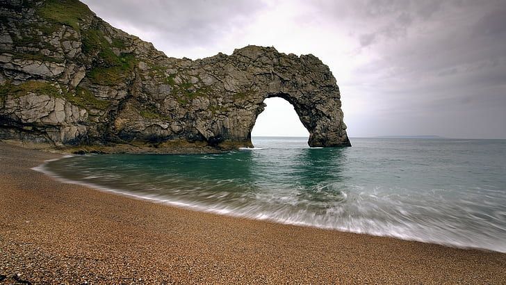 natur, klippa, sten, hav, strand, lång exponering, Durdle Door, Durdle Door (england), HD tapet