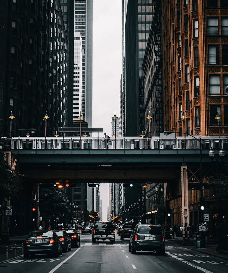 черно-белая картина здания, городской пейзаж, улица, поезд, городские, Чикаго, HD обои, телефон обои