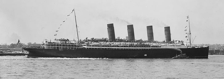 bateau de croisière noir, bateau de croisière, monochrome, RMS Lusitania, vintage, véhicule, navire, Fond d'écran HD
