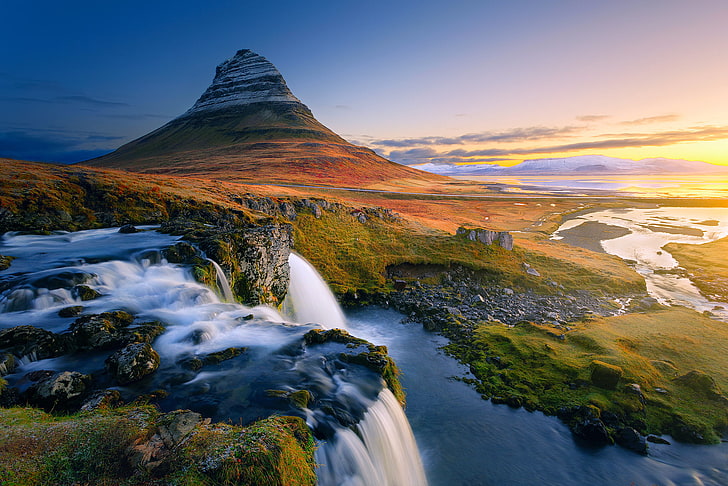 brązowa góra, wodospady, Islandia, góra Kirkjufell, Tapety HD