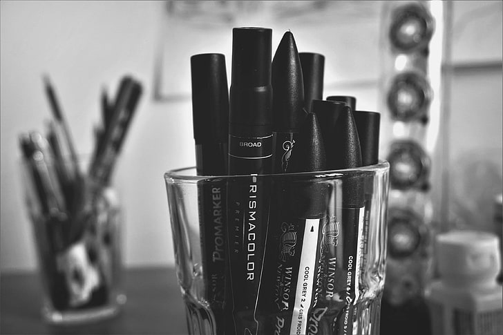 art materials, black and white, blur, business, close up, container, focus, glass, markers, pens, pile, HD wallpaper