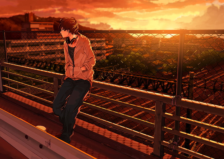 Road, sunset, bridge, the fence, anime, headphones, art, guy, kurono-fuel, HD  wallpaper | Wallpaperbetter