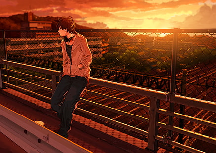 brązowowłosy mężczyzna anime ilustracja, kurono-kuro, facet, słuchawki, zachód słońca, most, Tapety HD HD wallpaper