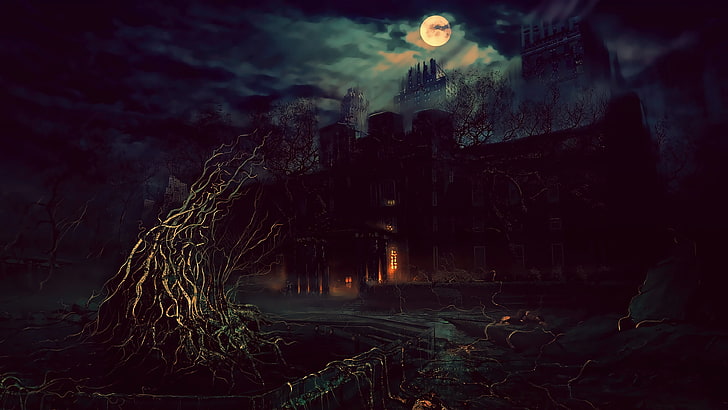 carta da parati del castello fantasma, terrore, notte, fantasy art, Photoshop, fan art, Sfondo HD