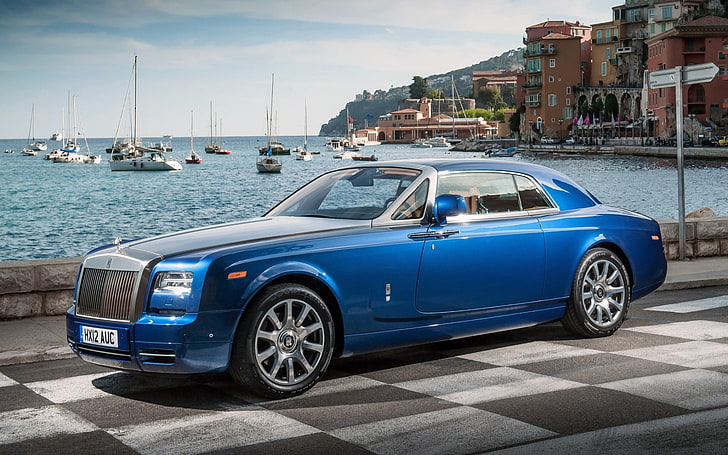 blue coupe, the sky, water, blue, background, yachts, Rolls-Royce, Phantom, promenade, Coupe, the front, luxury car, HD wallpaper