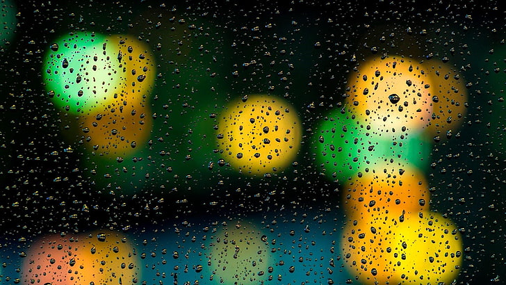 bokeh, światła, noc, deszcz, kropla, szkło, okno, okrąg, deszczowo, krople deszczu, krople, pada, fotografia, Tapety HD