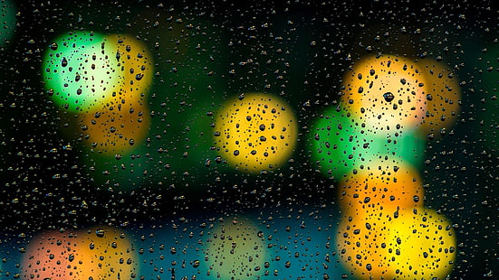 bokeh, lights, night, rain, drop, glass, window, circle, rainy, raindrops, drops, raining, photography, HD wallpaper HD wallpaper