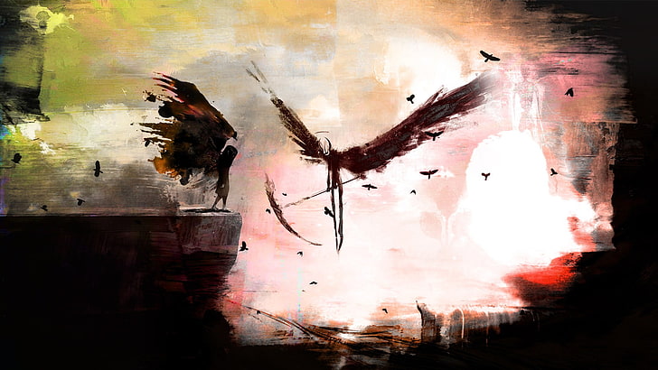 pintura abstrata de pássaro marrom, asas, arte da fantasia, foice, escuro, HD papel de parede