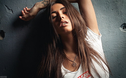 Diana Melison, model, women, brunette, Aleksandr Mavrin, arms up, necklace, HD wallpaper HD wallpaper
