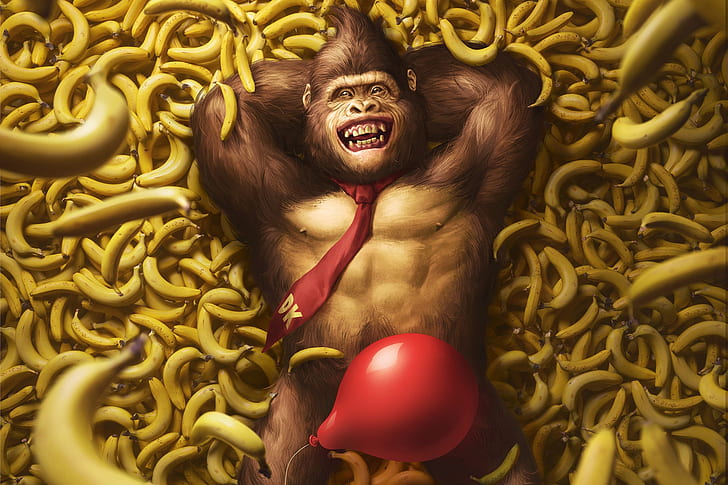Играта, топка, банани, изкуство, Nintendo, илюстрация, Donkey Kong, герои, маймуна, банан, балон, горила, Giselle Almeida, от Giselle Almeida, VG Beauty: DK, HD тапет