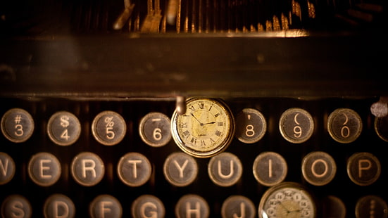 skrivmaskiner, vintage, sepia, brev, siffror, tangentbord, klocka, fickur, HD tapet HD wallpaper