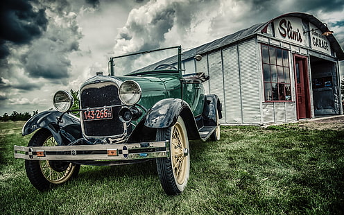 målning av vintage grönt fordon nära vit och svart byggnad, Ford, bil, vintage, Oldtimer, fordon, HD tapet HD wallpaper