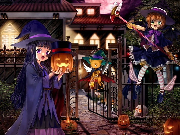 Card captor sakura, Girl, Cute, Witch, Pumpkin, Lights, HD wallpaper