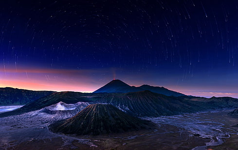 the sky, stars, night, the volcano, Indonesia, Bromo, Java, Bromo-Tengger-Semeru National Park, HD wallpaper HD wallpaper