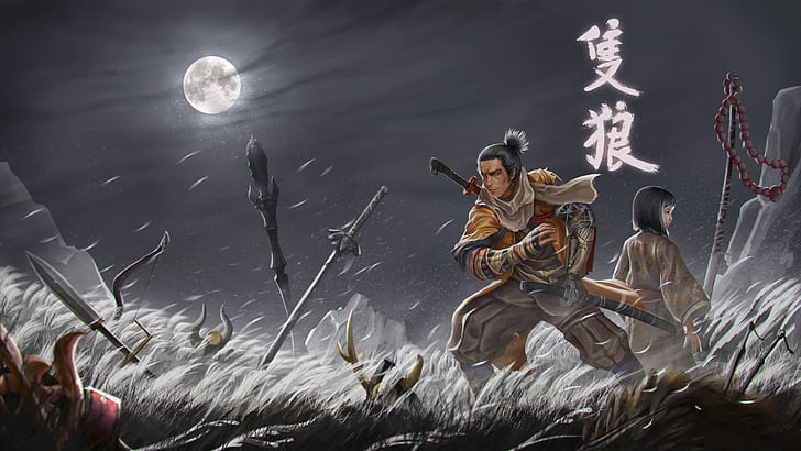 Video Game, Sekiro: Shadows Die Twice, Full Moon, Katana, Night, Sword, Warrior, HD wallpaper