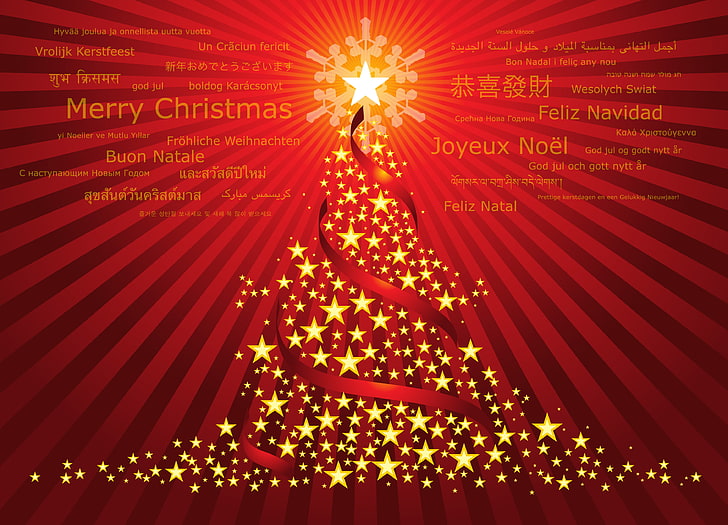 orange and red Christmas tree vector art, stars, holiday, tree, new year, words, red background, congratulations, merry christmas, happy new year, foreign languages, HD wallpaper