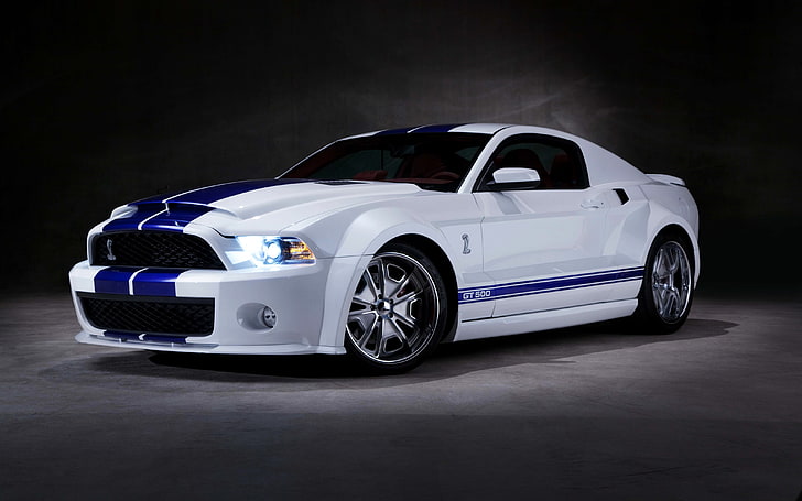 weißes und blaues Ford Mustang Coupé, Tuning, Shelby, GT500, Supersportwagen, 2012, Ford, Galpin Auto Sports, SVT, Wide Body, HD-Hintergrundbild