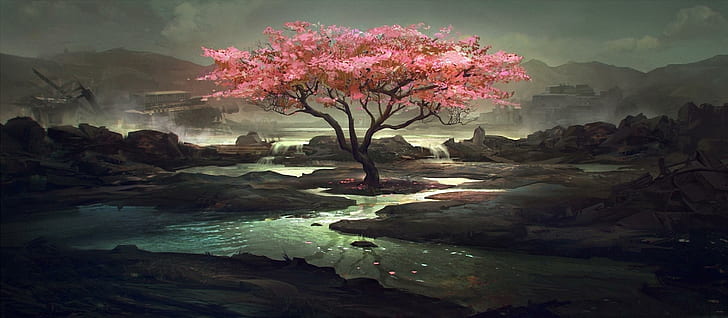 Pink Tree Art, natiure, tree, river, pink, painting, nature and landscapes, HD wallpaper