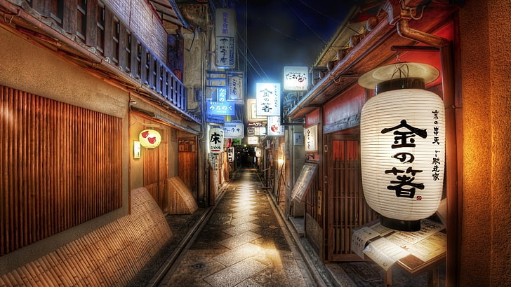 brown and black text printed hanging lantern, walkway with lanterns on wall, urban, lantern, cityscape, street, night, Japan, HDR, HD wallpaper