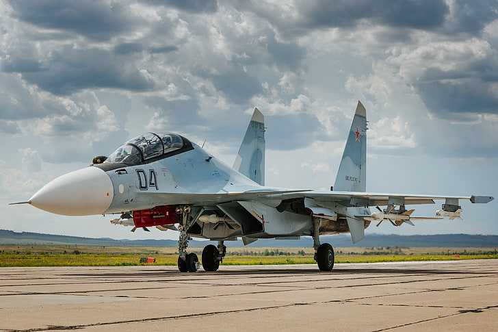 blue aircraft digital wallpaper, the sky, fighter, the airfield, Russian, multipurpose, double, Su-30CM, HD wallpaper