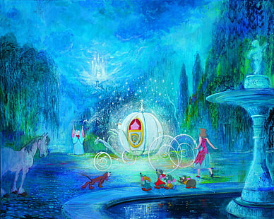 Cinderella, cinderella, fairy-godmother, disney, painting, HD wallpaper HD wallpaper