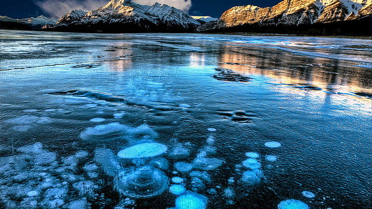 Abraham Lake, Kanada, góra, lód, 4k, Tapety HD