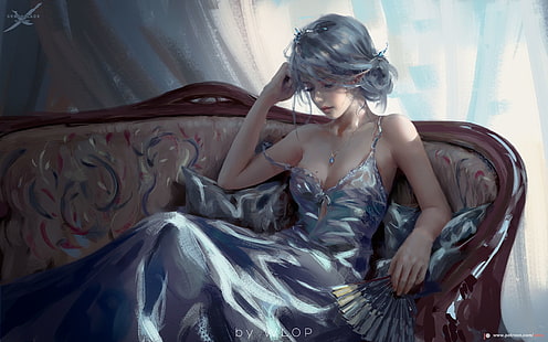 gaun bunga biru dan putih wanita, WLOP, Ghost Blade, lukisan, wanita, Wallpaper HD HD wallpaper