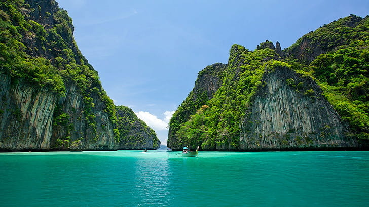 navire, vert, plage, île, vacances, ciel, Thaïlande, eau, thaï, mer, Fond d'écran HD