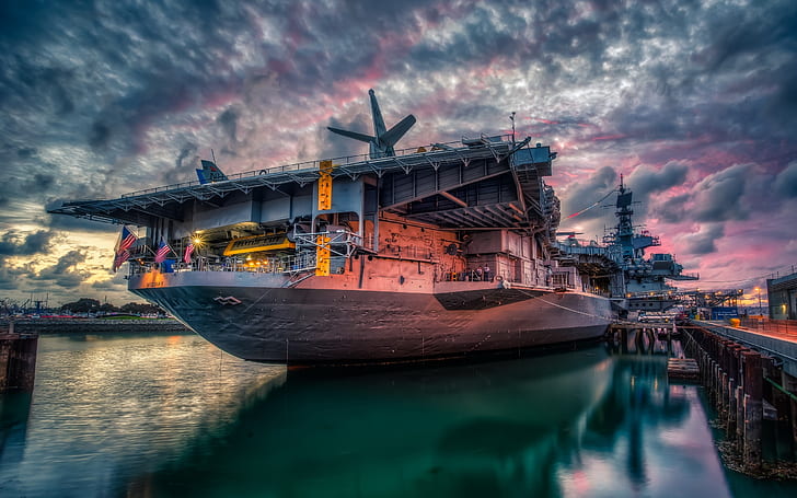 San Diego, USS Midway, sunset, gray war ship, San, Diego, Midway, Sunset, HD wallpaper