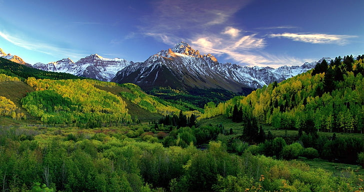 montanhas, floresta, nuvens, verde, pico nevado, árvores, natureza, paisagem, colorado, HD papel de parede