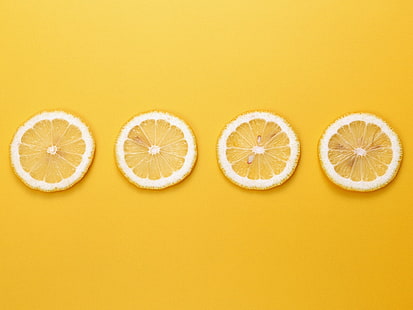 четири филийки цитрусови плодове, жълт фон, плодове, лимони, минимализъм, HD тапет HD wallpaper