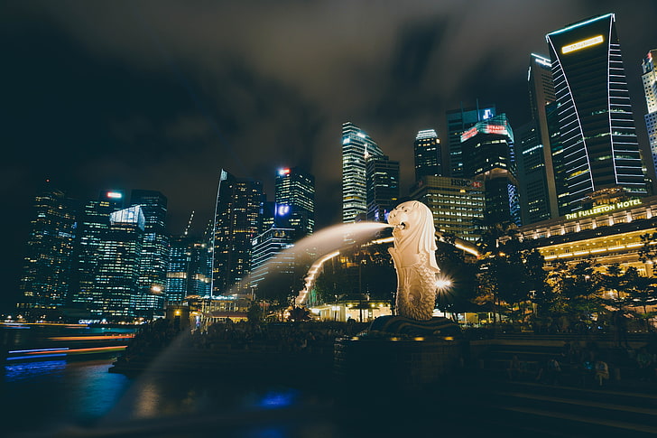 Merlion Park, Сингапур, Сингапур, фонтан, небостъргачи, HD тапет