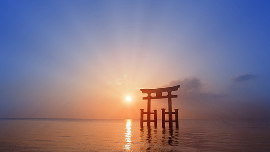 Religious, Itsukushima Gate, Arch, Gate, Horizon, Japan, Ocean, Religion, Shrine, Sunrise, Sunset, Torii, Water, HD wallpaper HD wallpaper