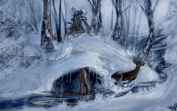 archer, art, assasin 039 s, bow, connor, creed, deer, games, hunting, landscapes, nature, paintings, rivers, snow, sports, stream, video, warriors, weapons, winter, HD wallpaper