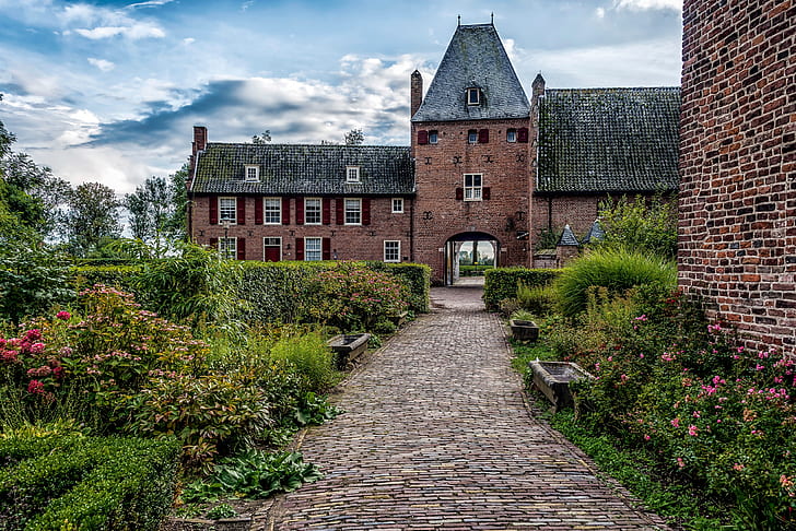 el cielo, nubes, árboles, flores, castillo, jardín, Países Bajos, los arbustos, Castle Doorwerth, Fondo de pantalla HD