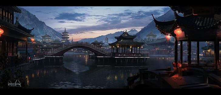 obra de arte, arte digital, ciudad, Asia, Asia, arquitectura asiática, agua, río, puente, montañas, linterna, linterna china, Fondo de pantalla HD