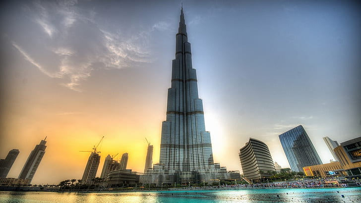 Niesamowite budynki, Burj Khalifa, Dubaj, zachód słońca, Niesamowite, Budynki, Burj, Khalifa, Dubaj, Zachód słońca, Tapety HD
