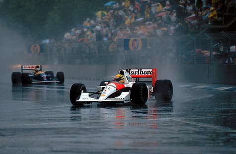 Formula 1, McLaren, Mclaren Mp4, Marlboro, Ayrton Senna, helm, hujan, Wallpaper HD HD wallpaper