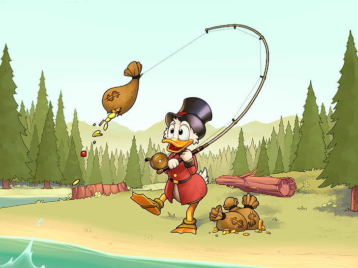 forest, gold, fishing, coins, Disney, rod, Scrooge McDuck, Duck Tales, HD wallpaper
