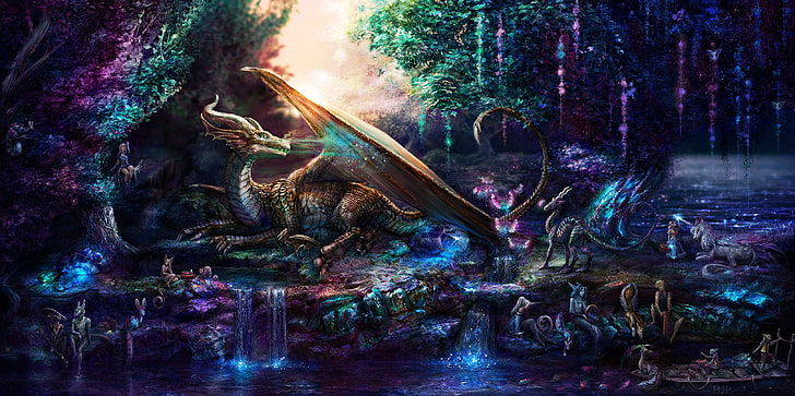brown wooden framed painting of house near river, dragon, fantasy art, animals, HD wallpaper