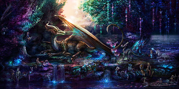 Pintura enmarcada de madera marrón de la casa cerca del río, dragón, arte de fantasía, animales, Fondo de pantalla HD HD wallpaper