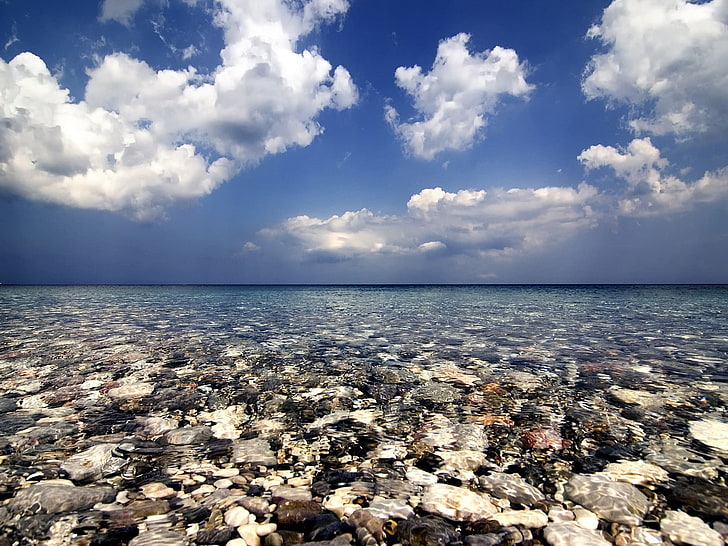 white and brown stone, sea, water, transparent, stones, bottom, clouds, sky, HD wallpaper