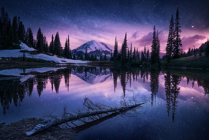 lake, nature, night, reflection, hd, mountains, sky, trees, winter, HD wallpaper