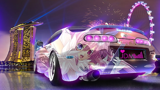 animated character printed white coupe wallpaper, Super Car , Tony Kokhan, colorful, Toyota Supra, JDM, anime, HD wallpaper HD wallpaper