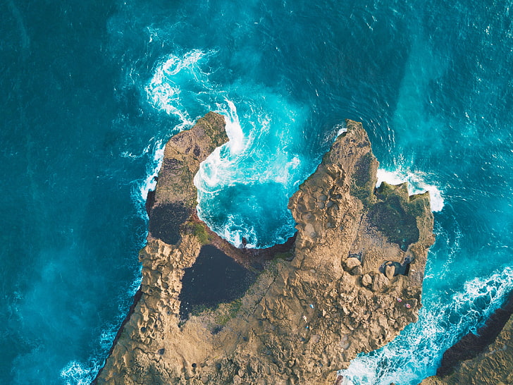 sea, water, blue, cyan, aerial view, coast, waves, rocks, HD wallpaper