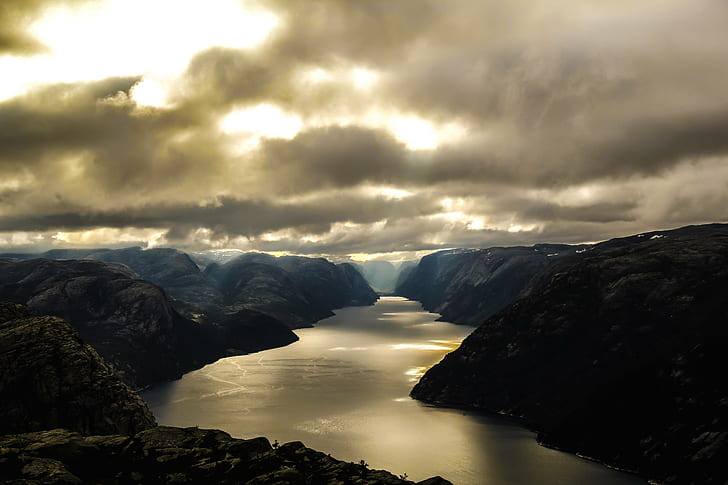 lysefjord, fjord, waterpolo, mountain, norway, river, HD wallpaper